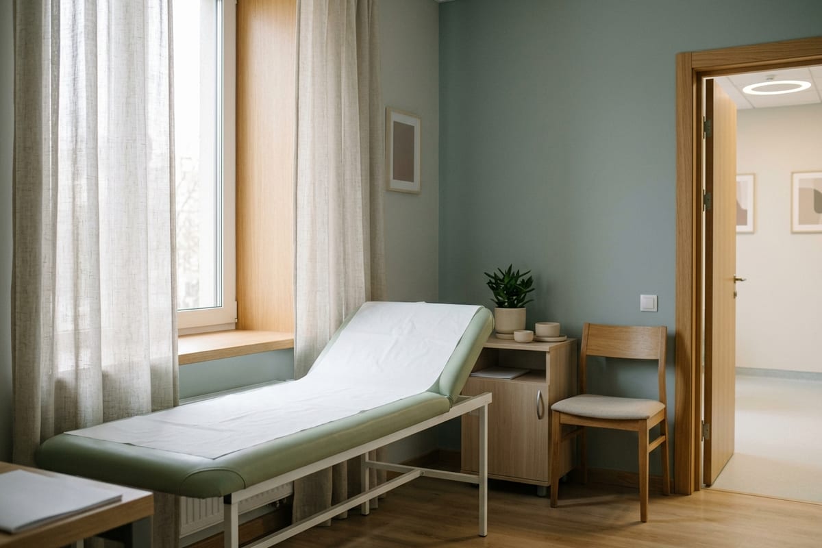 Светлый кабинет с кушеткой у окна, дверь приоткрыта, людей и аппаратуры нет
